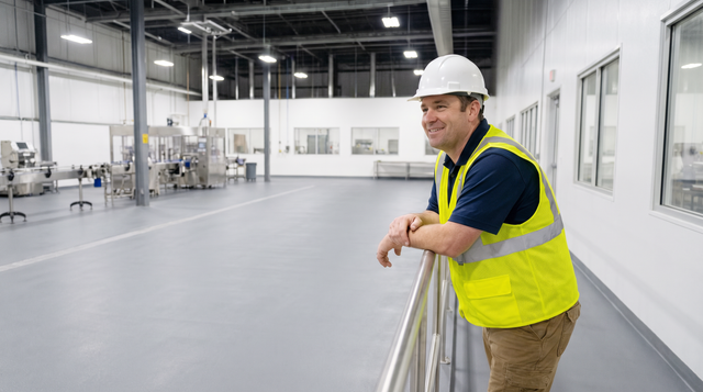 Crew applying a glossy resinous floor coating in a large industrial facility