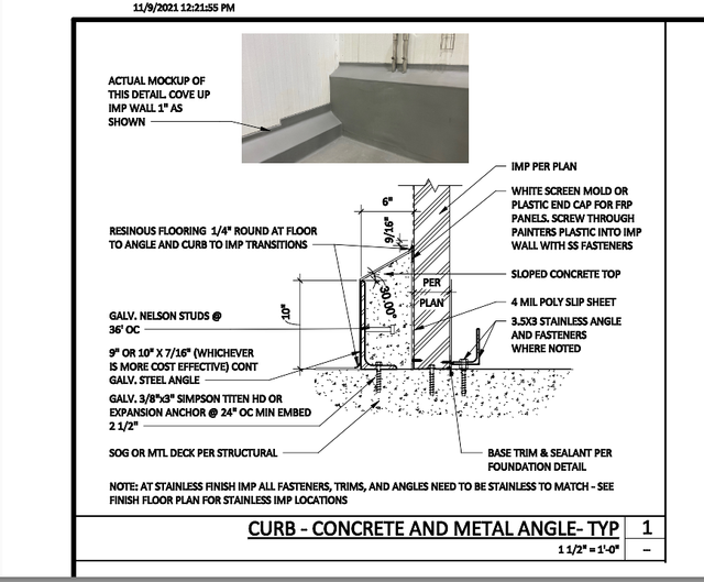 Construction detail showing CNC's resinous curb-cove transition between an insulated metal panel wall and a concrete curb
