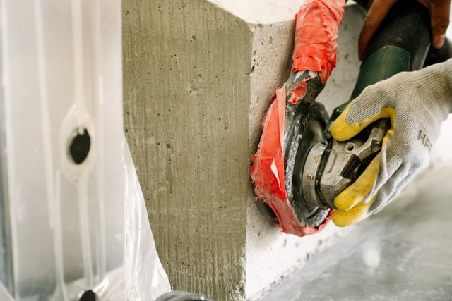 CNC crew member grinding a concrete curb edge with a dust-shrouded angle grinder