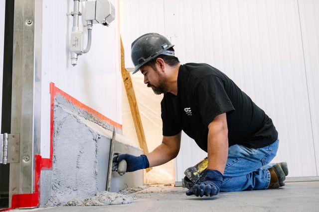 CNC crew member hand-troweling a cove base against a masked wall during surface preparation