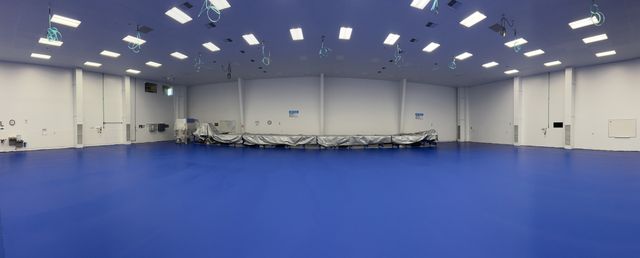 Blue floor coating in a Hexcel industrial facility