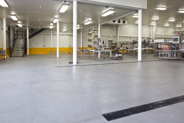 Food processing equipment above a finished washdown-rated floor